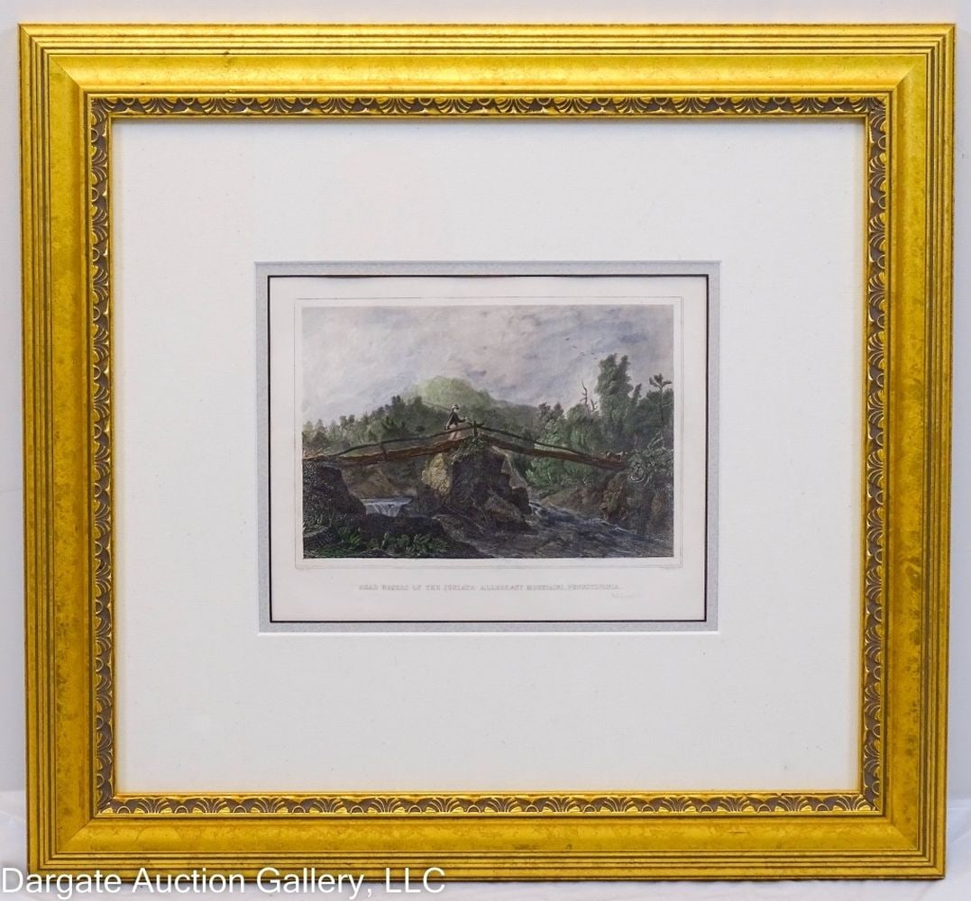 1830 ENGRAVING HEAD WATERS OF THE JUNIATA RIVER: 1830 Engraving Head Water of the Juniata River Allegheny Mountains Pennsylvania - "T Cole Del" Lower left, "D Kimberly SC" lower right, titled center; Under glass in gilt frame; / Visible Art Size: 7"