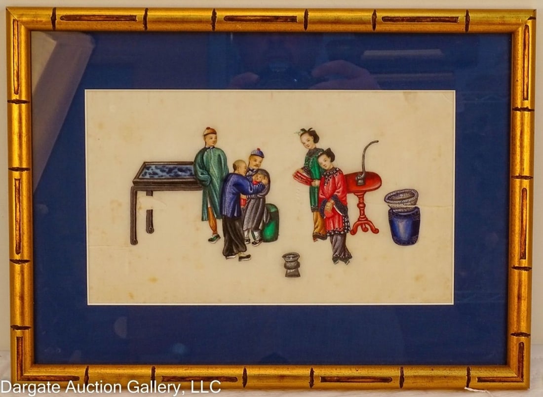 ANTIQUE CHINESE PITH RICE PAPER GOUACHE PAINTING: Antique Chinese Pith Rice Paper Gouache Painting - 19th Century gouache paiting, depicting an interior scene with a group of men gathered around a newborn, set under glass in a faux bamboo gilt wood f