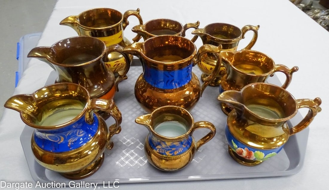 9 ASSORTED COPPER LUSTERWARE PITCHERS (1 of 2)
