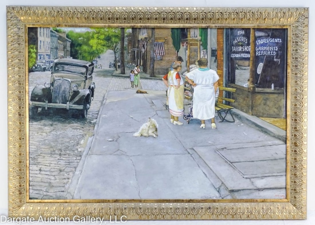 FRITZ KECK GICLEE – PASCUL’S TAILOR SHOP: Fritz Keck (American/PA, 20th C) – Pascal’s Tailor Shop – Depicting the outside of Pascal’s Tailor Shop with a view of Webster Ave, looking east towards Erin St. Giclee is on canvas board, in 