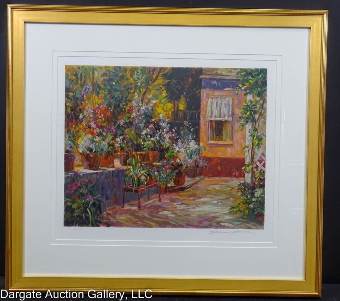 1991 HENRI PLISSON (1934-2006) THE PATIO SERIGRAPH: Henri Plisson (American, 1934-2006) "The Patio" Serigraph June 1991 - Hand separate 21 colors, 121 impressions on Westwind paper / Published by Coleville Publishing / Pencil signed lower right, number