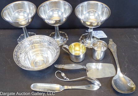 10pc ASST STERLING SILVER HOLLOW AND FLAT WARE: Includes: 6 pieces of hollowware: 3 - Gorham Chantilly Sherbets circa 1895, marked Gorham Sterling 1022 - 4.75"H1 - Alvin Sterling Gift Line Mayonaise Bowl circa 1930's, marked Alvin Sterling Y1526 -