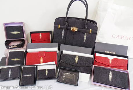 14pc CAPACCI STINGRAY WALLETS AND ACCESSORIES: New old stock, in original boxes (The purse does not have a box or dust bag) includes: (2) black 8"L wallet / (2) red 8"L wallet / (1) black tri-fold wallet 4.25" (no box) / (2) black bi-fold 4" /