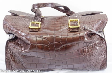 DONNA KARAN ALLIGATOR DUFFEL TRAVEL BAG NOS: Vintage Genuine American Alligator Made in Italy / New old stock from Donna Karan New York / Original Price tag still on bag (Suggested Retail $7500) Shoulder strap still in plastic. Dark brown color