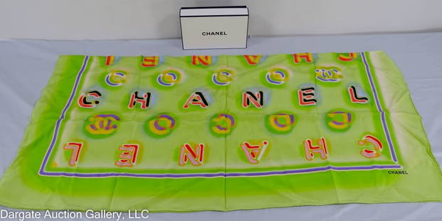 CHANEL SILK SCARF GREEN 90cm: / Measurements: 90cm x 90cm / 35" x 35"DISCLAIMER: ****WHILE THE DESIGNER ITEMS IN OUR SALE ARE FROM A HIGH-END ESTATE, WE ARE NOT EXPERTS ON THESE LUXURY BRANDS. BUYERS ARE ENCOURAGED TO ATTEND THE