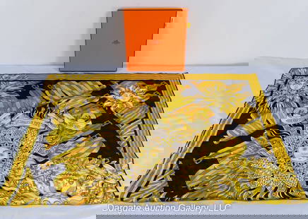 HERMES SILK SCARF LES SANGEAS DE PHOEBUS 90cm: / Measurements: 90cm x 90cm / 35" x 35"'DISCLAIMER: ****WHILE THE DESIGNER ITEMS IN OUR SALE ARE FROM A HIGH-END ESTATE, WE ARE NOT EXPERTS ON THESE LUXURY BRANDS. BUYERS ARE ENCOURAGED TO ATTEND THE