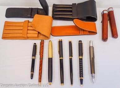 14pc FOUNTAIN AND BALLPOINT PENS &  LEATHER CASES