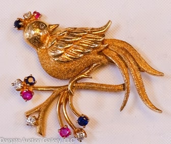 14K GOLD BIRD BROOCH WITH RUBY, SAPPHIRE & DIAMOND