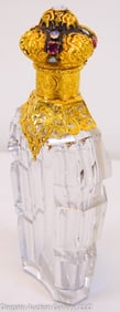 FRENCH BAROQUE CRYSTAL SCENT PERFUME BOTTLE GOLD ENCRUSTED TOP