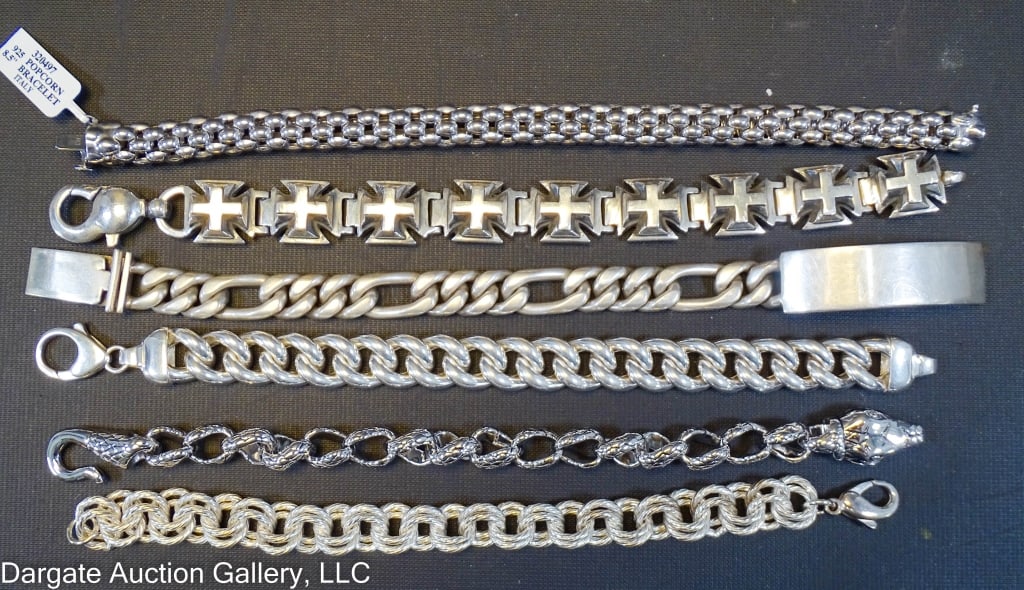6 ASSORTED STERLING SILVER LINK BRACELETS: Includes: (1) Maltese Cross King Baby Sterling Bracelet (8?L, 104.91g) / (1) Mexico Sterling Link ID Bracelet (9?L, 80.31g) / (1) Italian Sterling Link Bracelet (8?L, 44.49?L) / (1) Sterling Double li