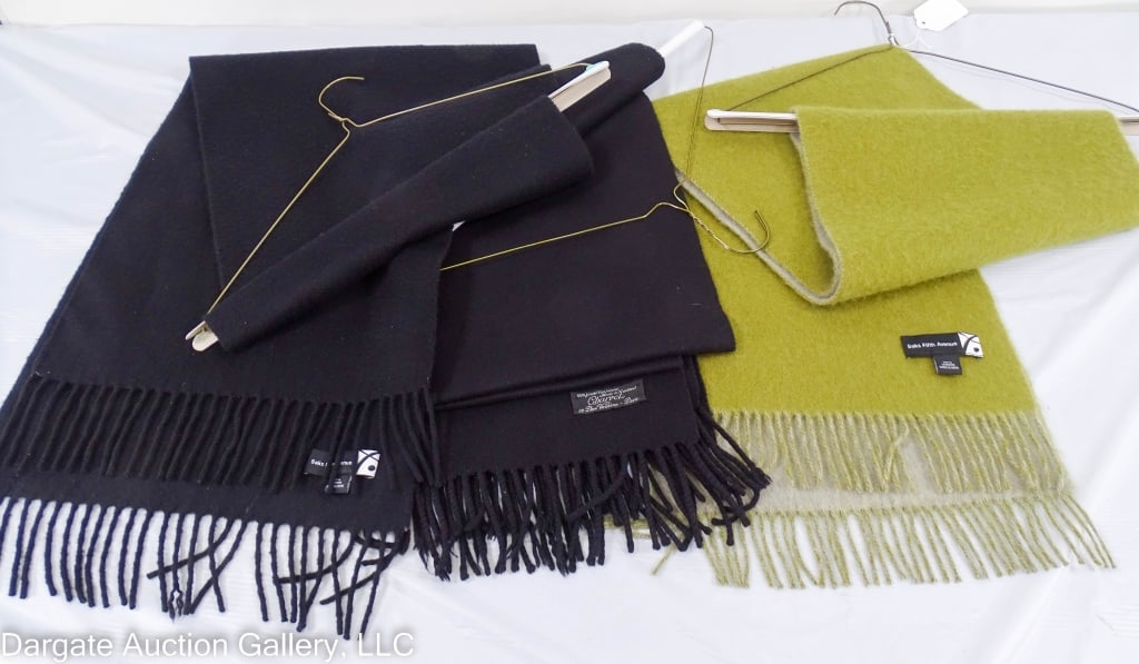 3 ASSORTED CASHMERE STOLE SCARVES: Includes (2) Saks Fifth Ave (olive & black) and (1) Carvet (Black)DISCLAIMER: ****WHILE THE DESIGNER ITEMS IN OUR SALE ARE FROM A HIGH-END ESTATE, WE ARE NOT EXPERTS ON THESE LUXURY BRANDS. BUYERS ARE