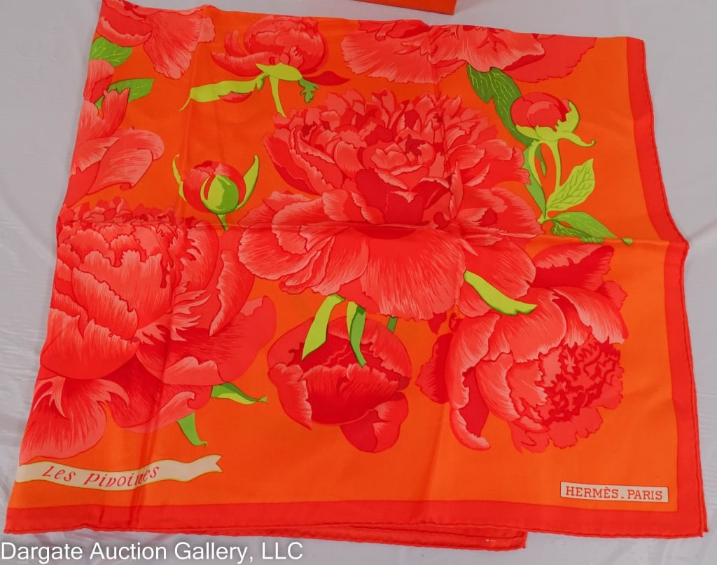 HERMES SILK "les PIVOINES" SCARF VAUZELLES 90cm: by Christiane Vauzelles / 100% silk w/ tag / Measurements: 90cm/35" squareDISCLAIMER: ****WHILE THE DESIGNER ITEMS IN OUR SALE ARE FROM A HIGH-END ESTATE, WE ARE NOT EXPERTS ON THESE LUXURY BRANDS. BU