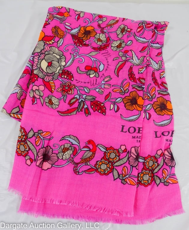LOEWE MADRID CASHMERE SILK & WOOL SHAWL SCARF: Made in Italy / Pink floral and butterflies / 39% cashmere 39% silk 22% wool / Measurements: 182cm x 132cm / 72" x 52"DISCLAIMER: ****WHILE THE DESIGNER ITEMS IN OUR SALE ARE FROM A HIGH-END ESTATE, W