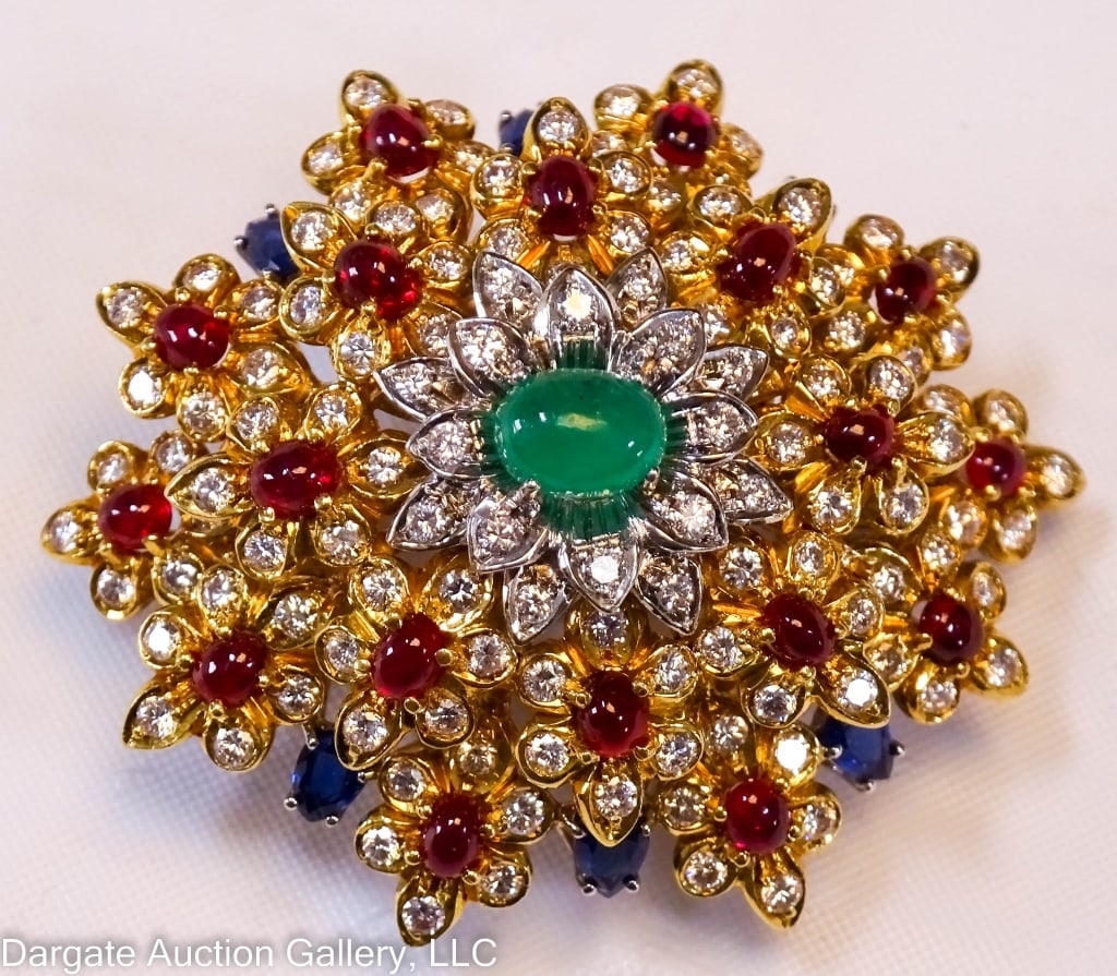 18K GOLD DIAMOND RUBY SAPPHIRE & EMERALD BROOCH (1 of 3)