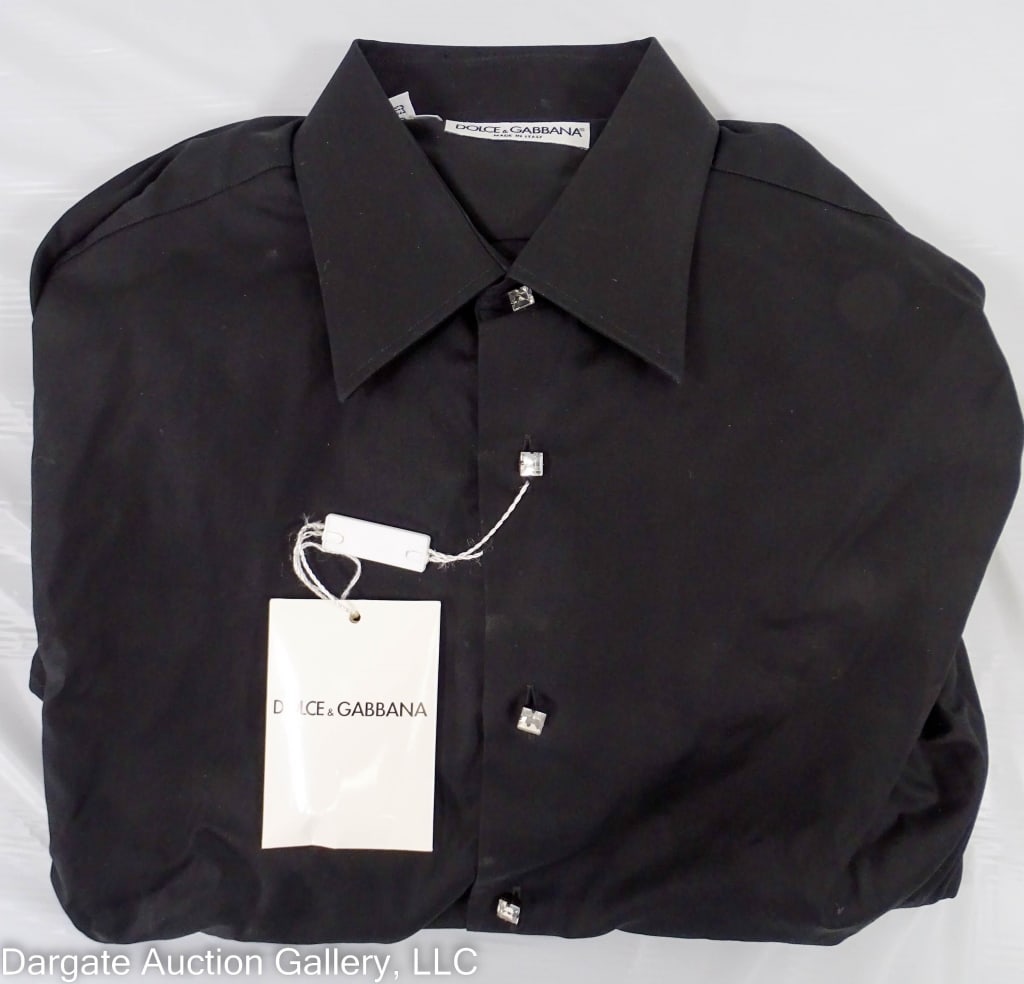 DOLCE & GABBANO MEN'S BLACK RHINESTONE SHIRT: Black Rhinestone button up shirt / clear rhinestone buttons and cufflinks / 100% cotton / Measurements: Size 16.5/42 / Condition: New, never wornDISCLAIMER: ****WHILE THE DESIGNER ITEMS IN OUR SALE AR