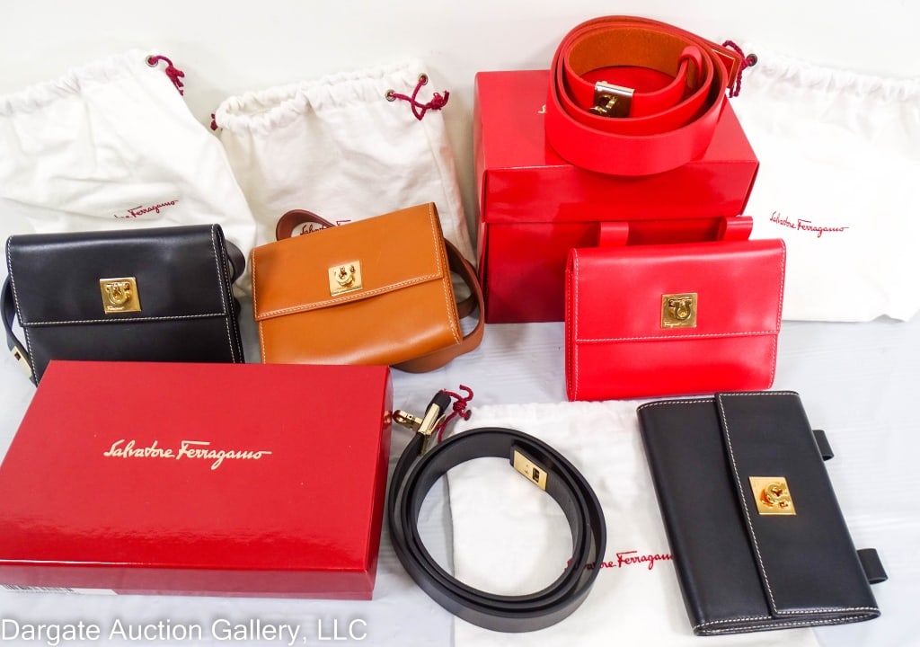 4 SALVATORE FERRAGAMO IY232323 LETHER BELT BAGS: Includes: (1) red leather with dust bag & box, (1) brown with dust bag and (2) black both with dust bags, one with box / Condition: New with dust bags, some have boxesDISCLAIMER: ****WHILE THE DESIGNE