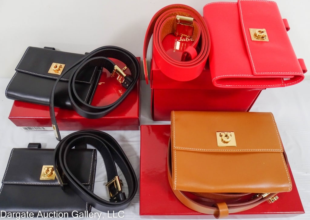 4 SALVATORE FERRAGAMO IY232323 LETHER BELT BAGS: Includes: (1) red leather with dust bag & box, (1) brown with dust bag and (2) black both with dust bags and boxes / Condition: New with dust bags, some have boxesDISCLAIMER: ****WHILE THE DESIGNER IT