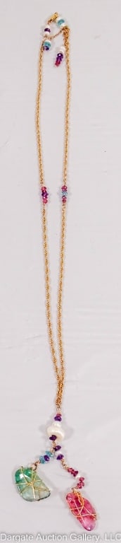 14k YELLOW GOLD PEARL & HARDSTONE NECKLACE (1 of 3)