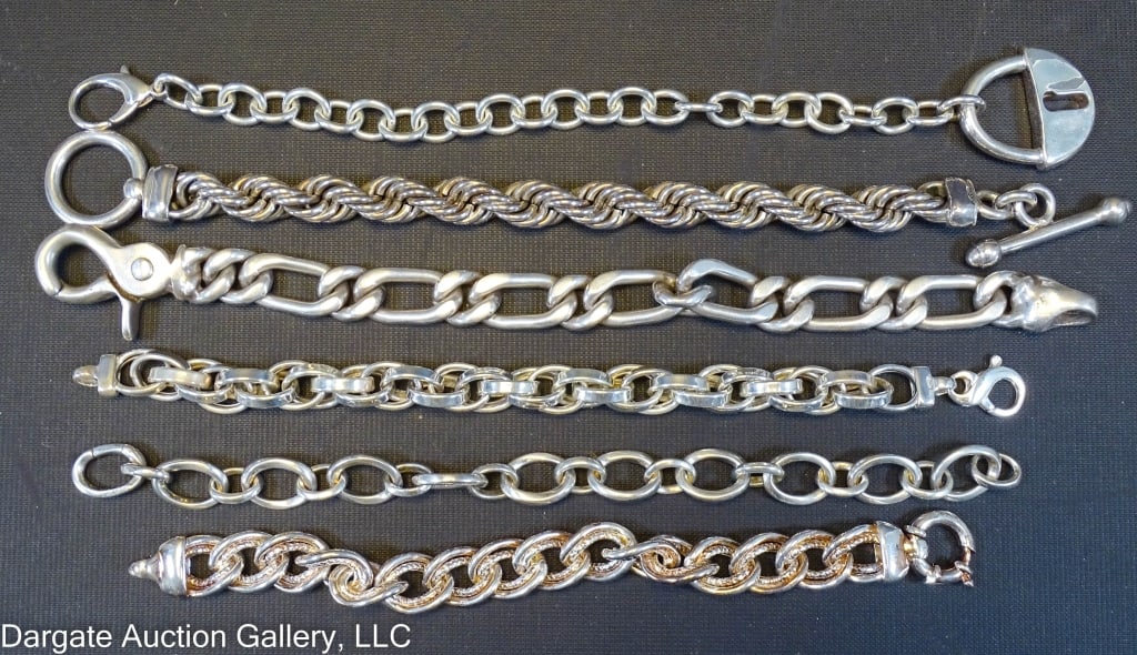 6 ASSORTED STERLING BRACELETS: Includes: (1) Robert Lee Morris chain link bracelet with a lock lobster claw clasp, Marked RLM Studios, 925 (9?L, 45.46g) / (1) Rope Chain Mexico Sterling Bracelet with toggle clasp (9?L, 69.70g) / (1