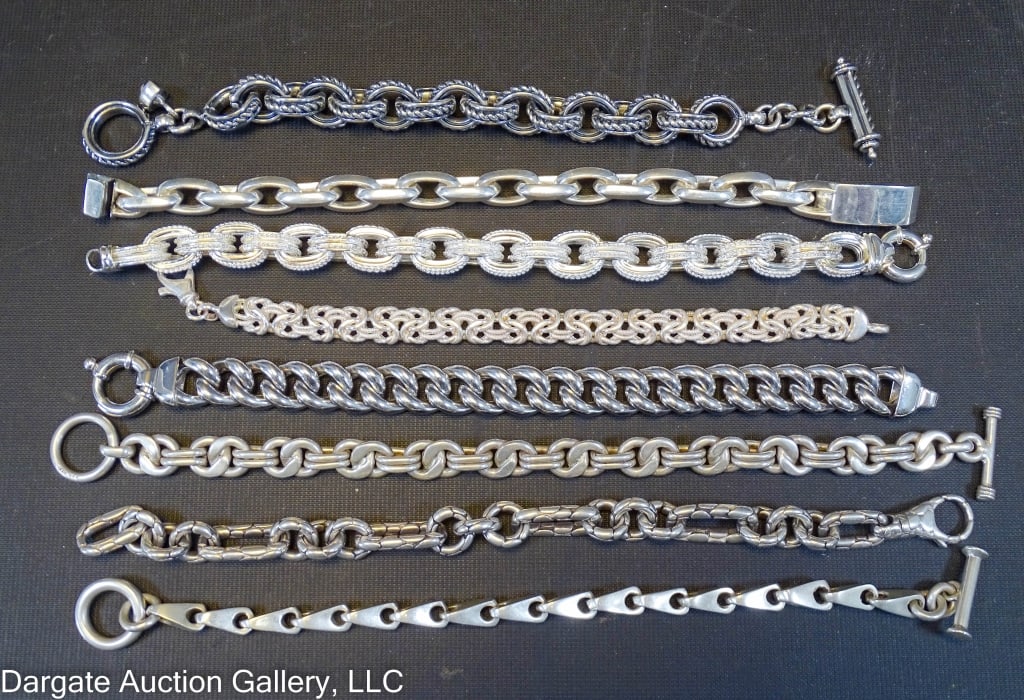 8 STERLING SILVER LINK BRACELETS: Includes: (3) Italian Sterling Bracelets (8.5?L) / (1) David Wysor Sterling chain link toggle bracelet (8?L) / (2) Mexico Sterling toggle bracelet (9?L) / (1) Robert Lee Morris Studios (RLM) Sterling