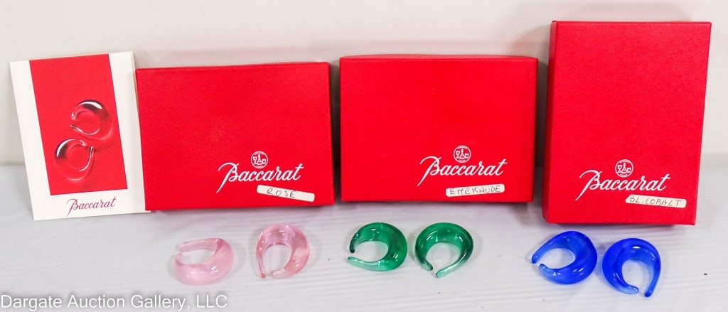 3 PAIR BACCART CRYSTAL CUFF EARRINGS: all in original box with felt dust bag / colors include rose, emerald and cobalt / Measurements: 1.25"H x 1.25"W