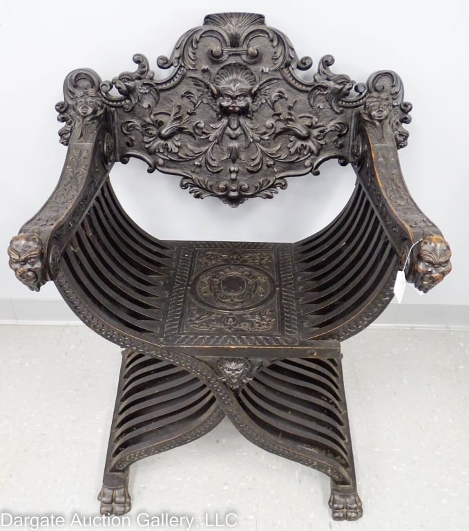 CARVED SAVONAROLA MEDIEVAL GOTHIC CHAIR (1 of 9)
