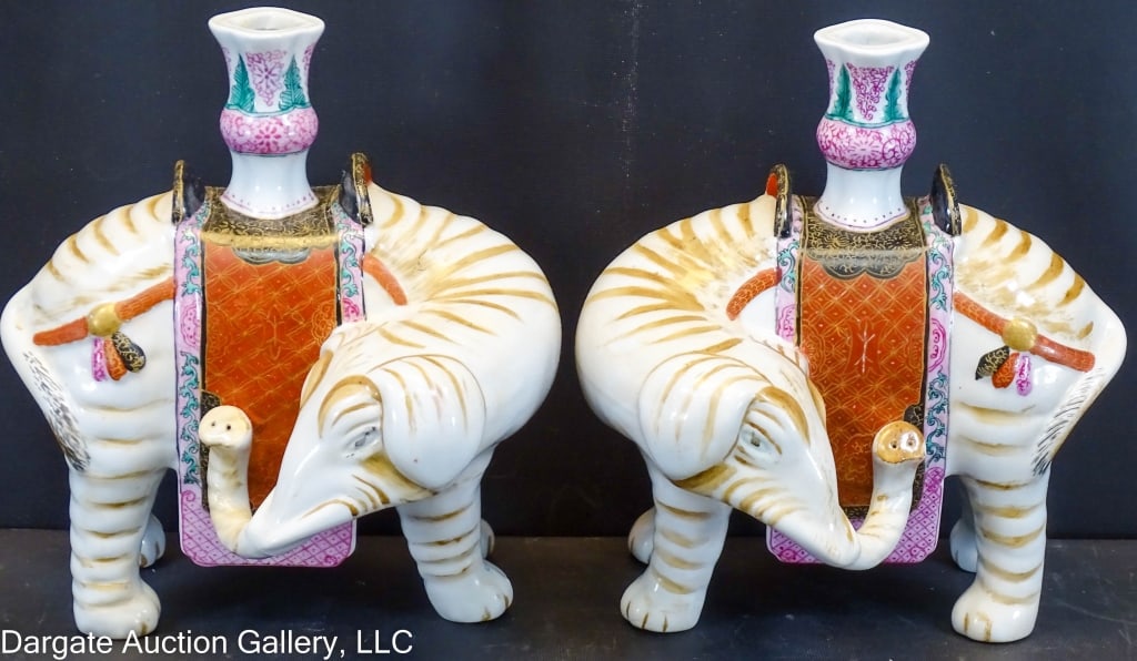 PAIR MOTTAHEDEH PORCELAIN ELEPHANT CANDLEHOLDERS (1 of 6)