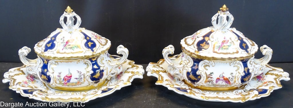 PAIR CHELSEA HOUSE WINTERTHUR CHELSEA TUREENS: Reproduction from a softpaste porcelain tureen in the Campbell Collection of Soup Tureens at Winterthur. The original tureen was produced in England between 1762 and 1763 at the Chelsea Porcelain fact