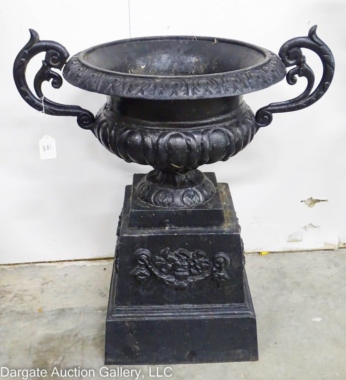 CAST IRON GARDEN URN ON PEDESTAL (1 of 5)