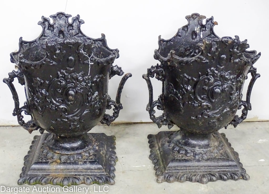 PAIR FRENCH CAST IRON GARDEN PLANTERS (1 of 7)