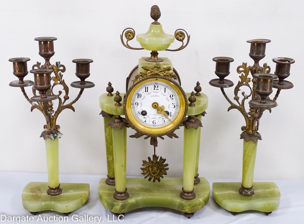 3pc GALIBES ONYX CLOCK GARNITURE SET (1 of 8)