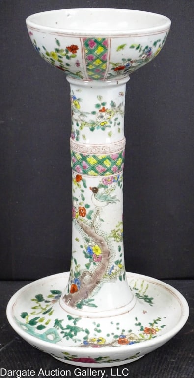 18th C CHINESE FAMILLE VERTE RARE FORM HAT STAND: Circa 1780-1790; Chinese Famille Verte Rare Form Hat Stand - Arboreal and floral design; Very unusal shape form for a hat stand / Measures: 11.5"H, 6" base