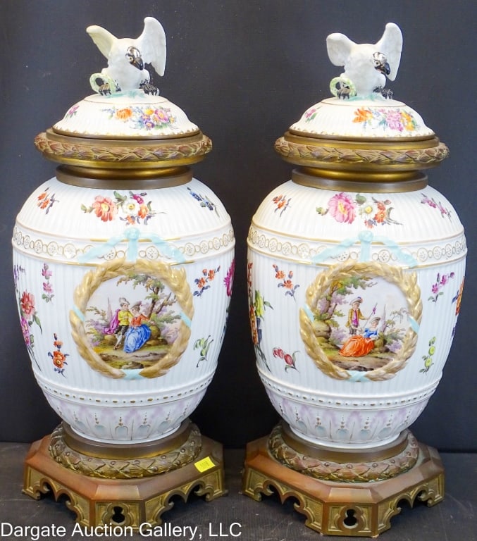 PAIR CONTINENTAL BRONZE MOUNTED PORCELAIN URN (1 of 12)