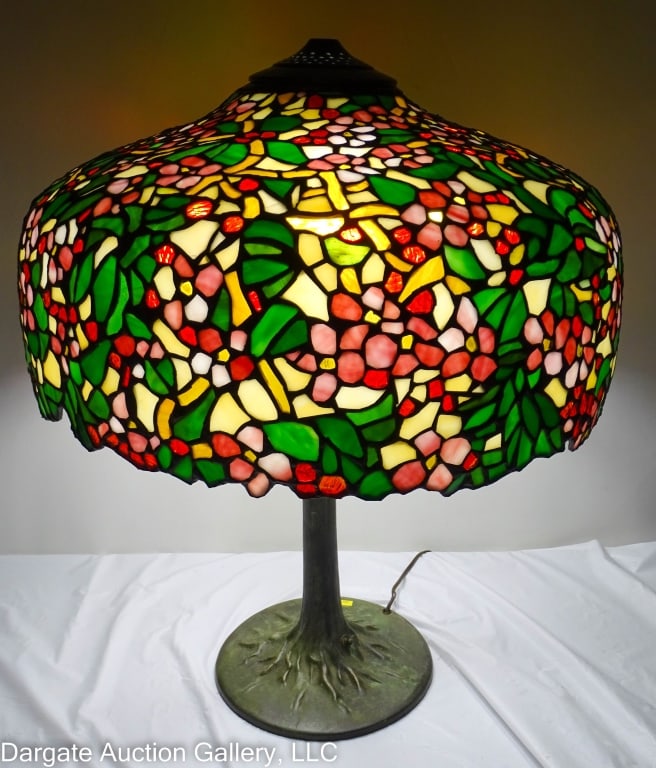 VINTAGE BRONZE TREE FORM LEADED GLASS LAMP (1 of 10)