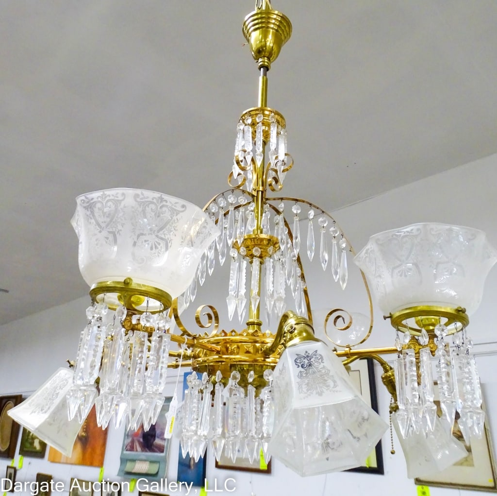 VICTORIAN BRASS GAS & ELECTRIC 8-ARM CHANDELIER (1 of 3)