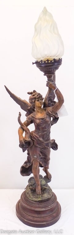GODDESS OF FORTUNE LAMP AFTER L & F MOREAU: Statue "La Tortune" after L & F Moreau (Louis Auguste 1855-1919 & Hippolyte Francois 1832-1927) / Goddess of Fortune, spelter statue, stands holding a cornucopia in her right hand, and the left is ext