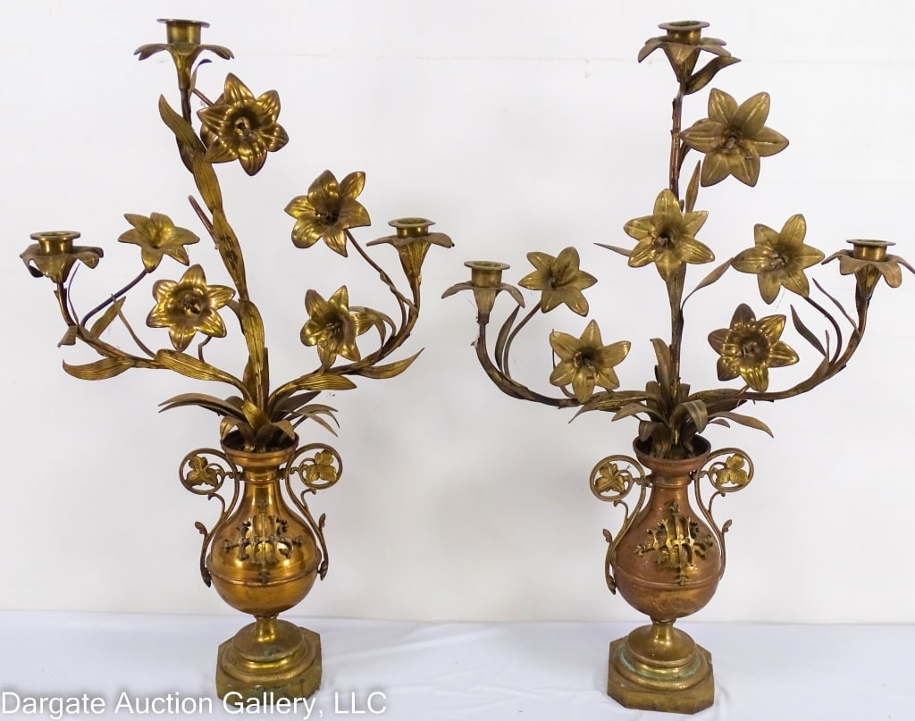 PAIR ANTIQUE BRASS ROCCO 3-LIGHT CHURCH CANDELABRA (1 of 7)