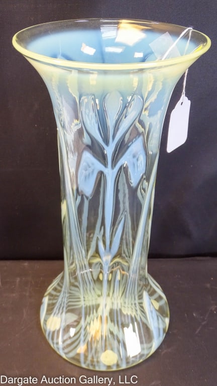 OPALESCENT VASELINE GLASS IRIS VASE (1 of 5)