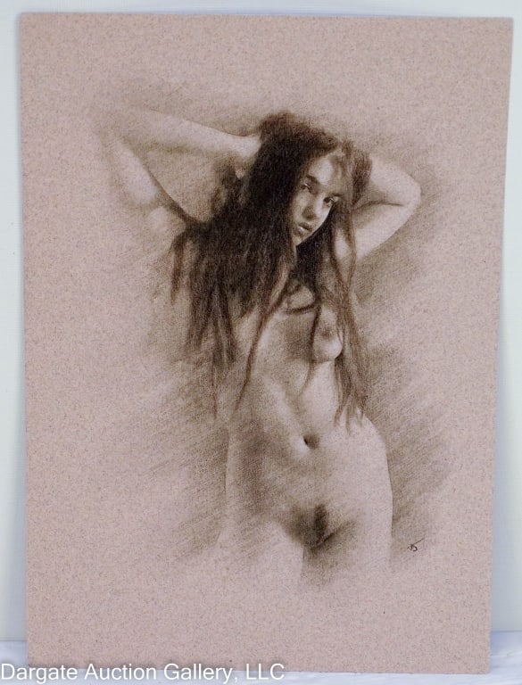 ARTHUR SMITH CHARCOAL & CHALK NUDE STANDING WOMAN: Arthur Smith (British, 21st Century) Charcoal and chalk on textured thick artist paper, protected with acid free and PH neutral tissue paper; not framed; signed lower right / Visible Art Size: 11.75"H