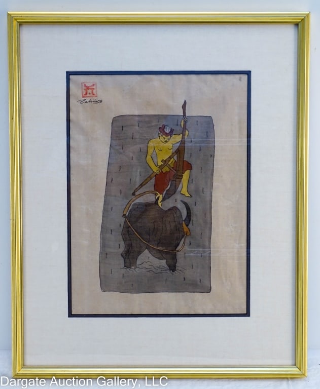 SIGNED CHINESE WOODBLOCK PRINT - FARMER: Chinese Woodblock Print Signed - Woodblock depicts a farmer and his oxen plowing a field. Upper left hand corner has artist chop/seal and signature beneath it. Printed on fabric set under glass in gol