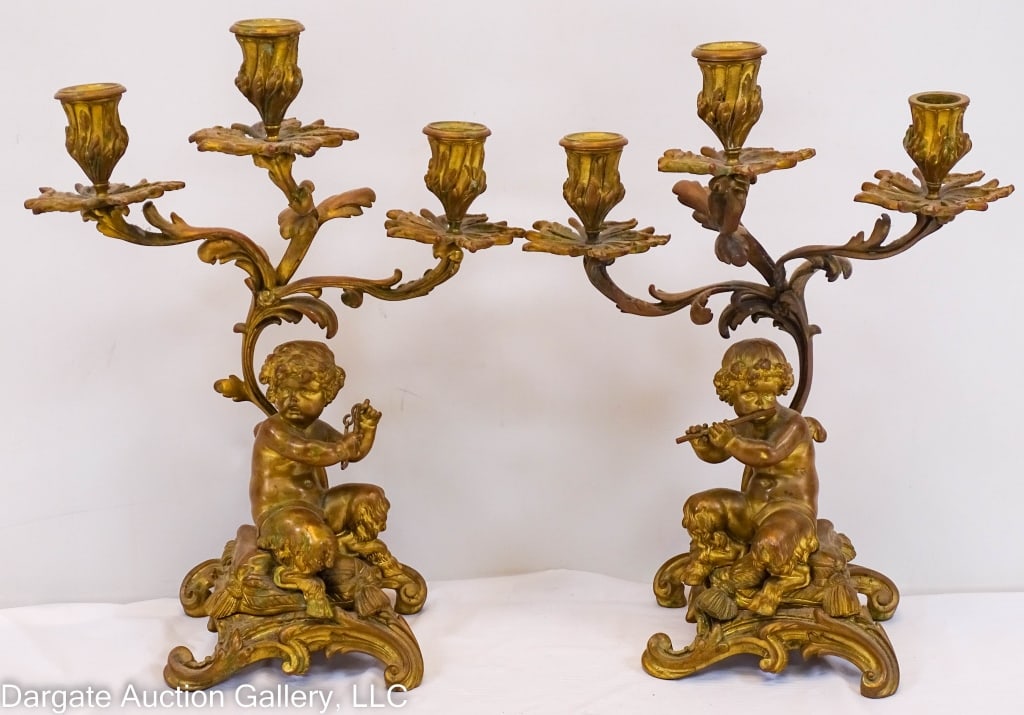 PAIR 3-LIGHT GILT BRONZE CANDLE STANDS w/ CHERUBS (1 of 7)