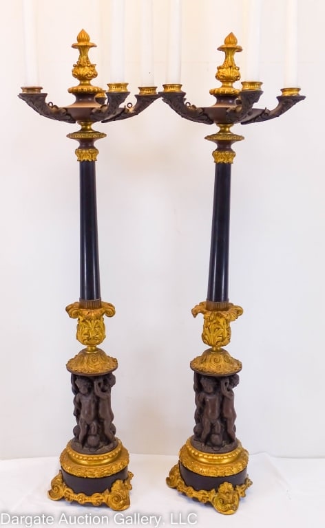 PAIR BRONZE & MARBLE 5-LIGHT CANDLESTICKS (1 of 5)