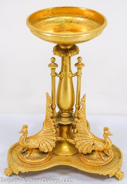 DORE BRONZE PEACOCK CANDLE HOLDER: Three-peacock candle stick on footed base / Signed H.W. & Co 4771 / Measures: 9"H x 6.5"W x 6.5"D / Condition: Slight Pitting
