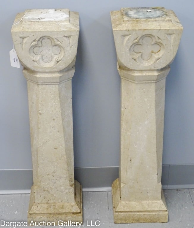 CARVED MARBLE GOTHIC COLUMNS: / Measures: 28"H x 7.5"W x 7.5"D / Condition: Some chipping on the top edges