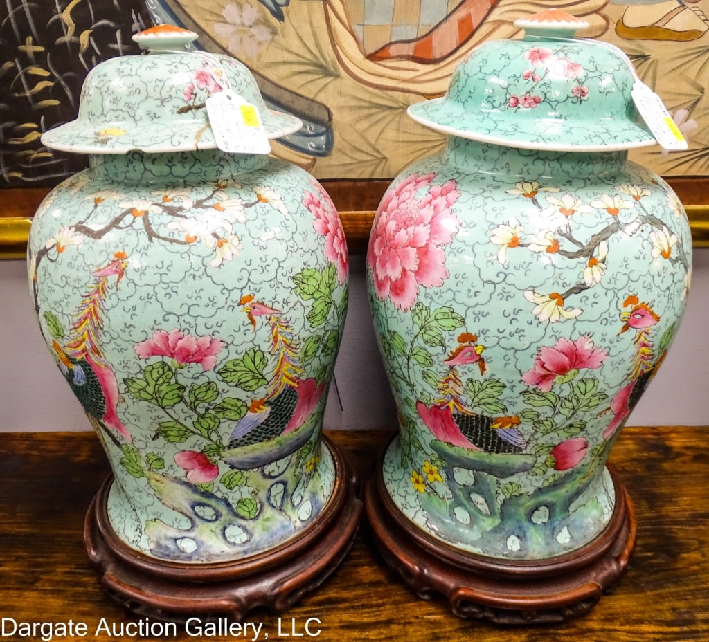 PAIR FAMILLE ROSE GINGER JARS WITH LIDS (1 of 12)