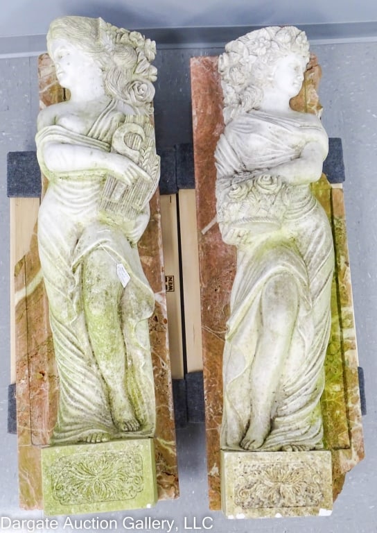 PAIR CARVED MARBLE FIGURAL FIREPLACE SURROUNDS (1 of 7)