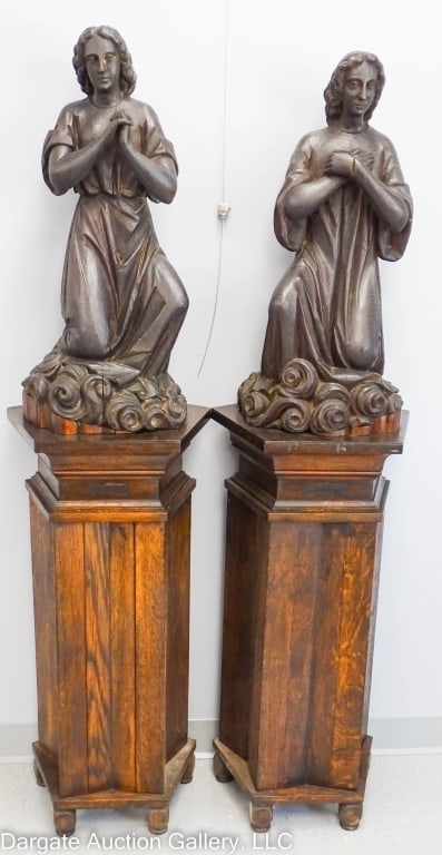 PAIR CARVED SOLID WOOD SAINTS ON PEDESTALS (1 of 9)