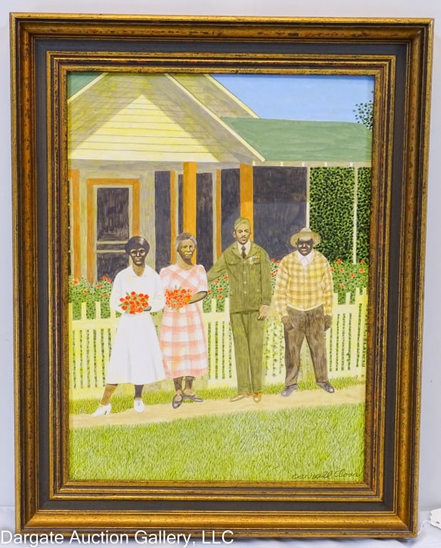 CARROLL CLOAR ACRYLIC ON BOARD STUDY FOR FURLOUGH: Carroll Cloar (American, 1913-1993) / Circa 1972 / Study for Furlough - 4 figures on a sidewalk in front of a house / signed lower right / title and dated verso / set in wood frame / Visible Art Size: