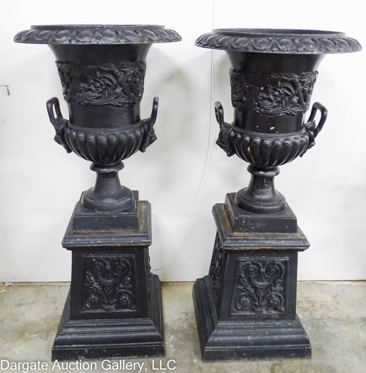 PAIR CAST IRON GARDEN URNS ON PEDESTAL (1 of 7)