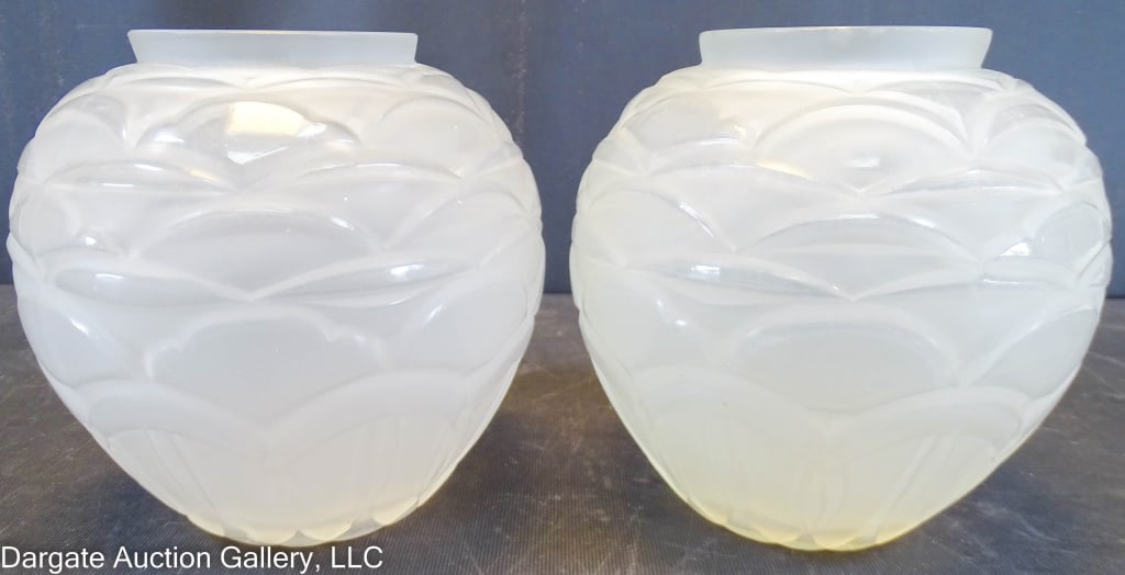 PAIR ANDRE HUNEBELLE ACID ETCHED ART GLASS VASES: Signed on base (difficult to read) / Measures: 6"H / Condition: Fleabites on rim
